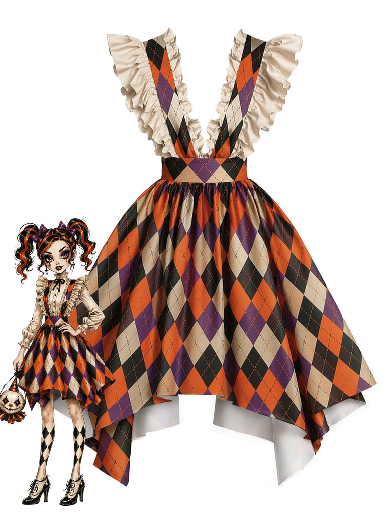 Orange 80er Kleid mit Rüschen und Karo