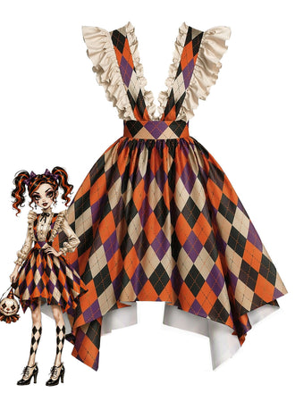 Orange 80er Kleid mit Rüschen und Karo