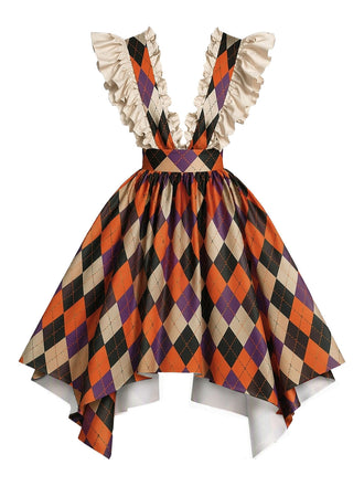 Orange 80er Kleid mit Rüschen und Karo