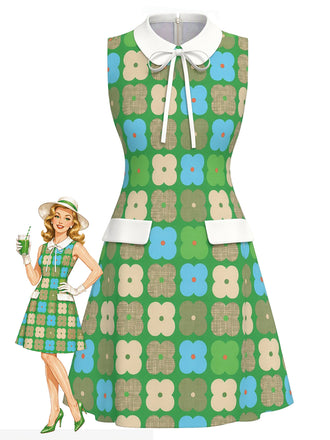 Grünes 60er Kleid mit Peter-Pan-Kragen und Blumen