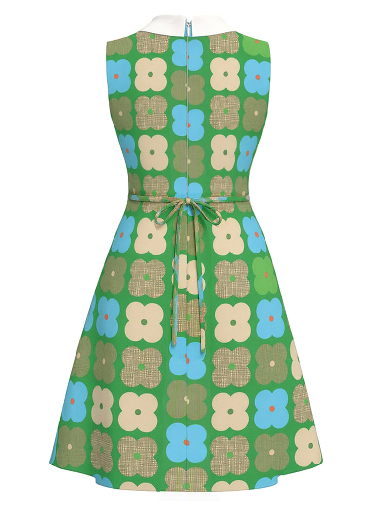 Grünes 60er Kleid mit Peter-Pan-Kragen und Blumen
