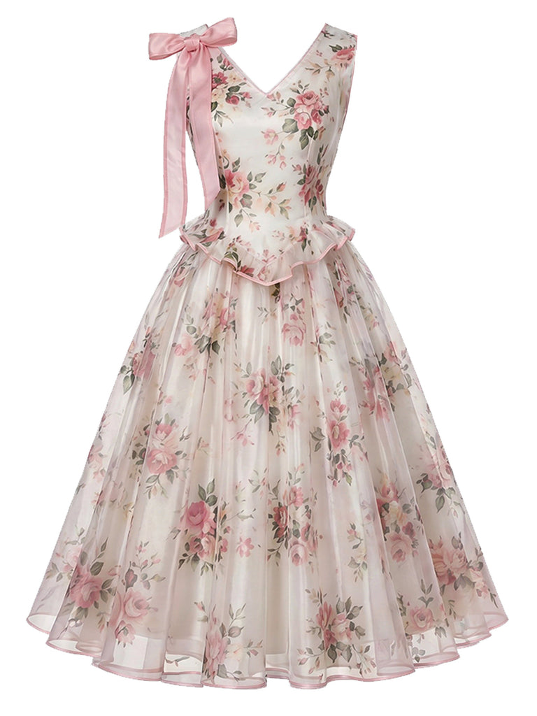 Rosa 50er Netzkleid mit Blumen und Schleife