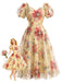 Gelbes 50er Mesh-Swingkleid mit Blumen und Puffärmeln