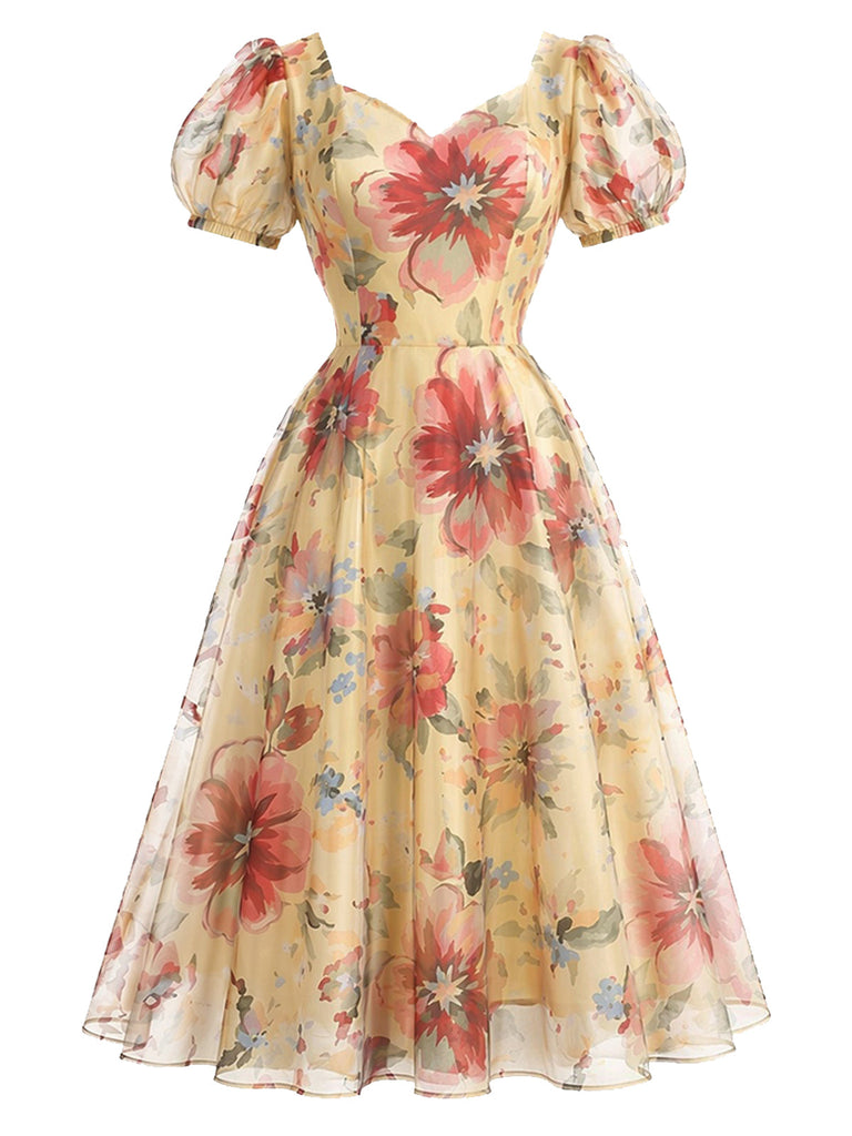 Gelbes 50er Mesh-Swingkleid mit Blumen und Puffärmeln