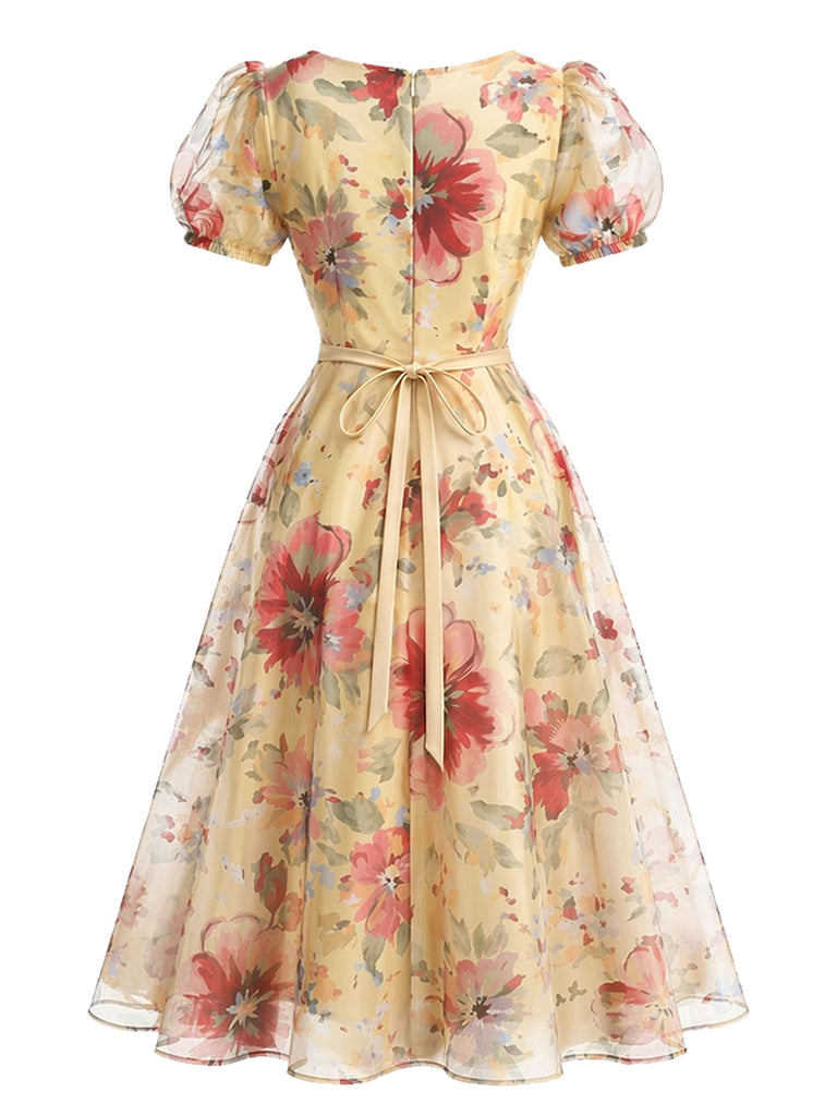 Gelbes 50er Mesh-Swingkleid mit Blumen und Puffärmeln