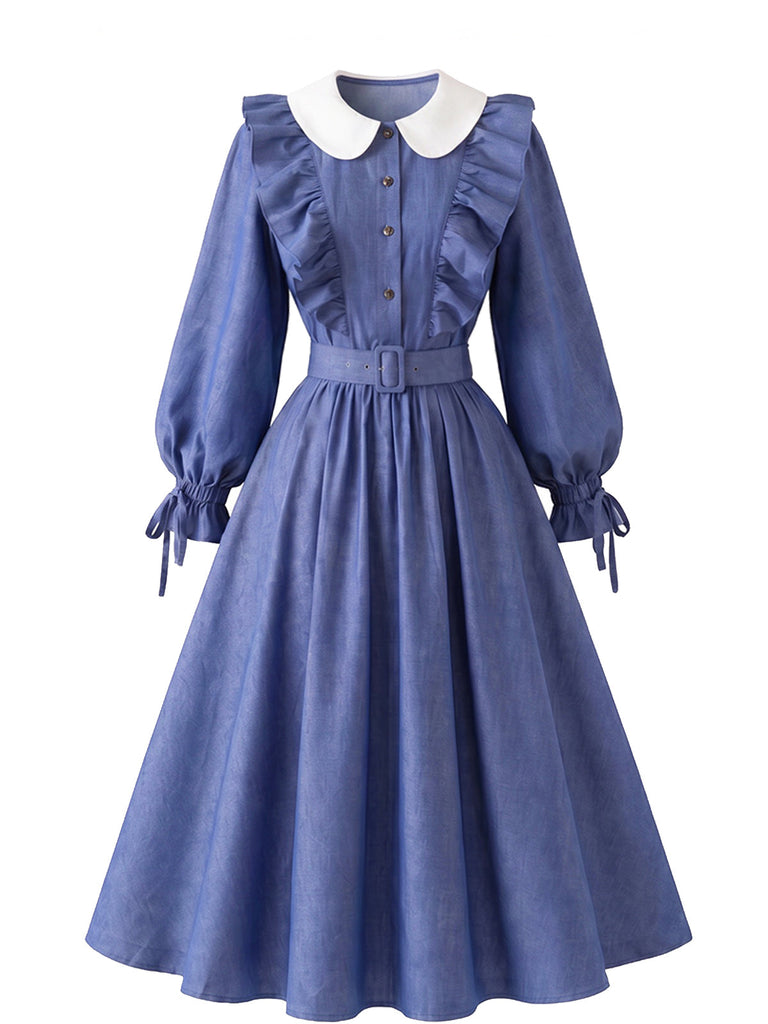 Blaues 50er Kleid mit Peter-Pan-Kragen und Rüschen