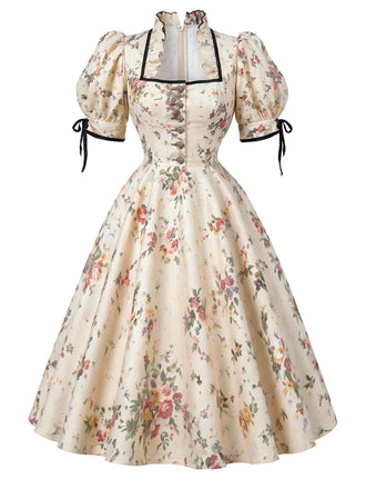 Hellgelbes 50er Swingkleid mit Blumen und Puffärmeln