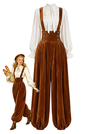 Hellbraun-weißes 70er Set aus Bluse und Samt-Latzharemshose