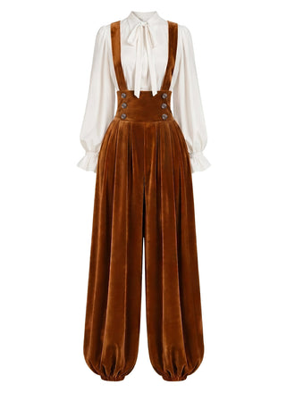 Hellbraun-weißes 70er Set aus Bluse und Samt-Latzharemshose