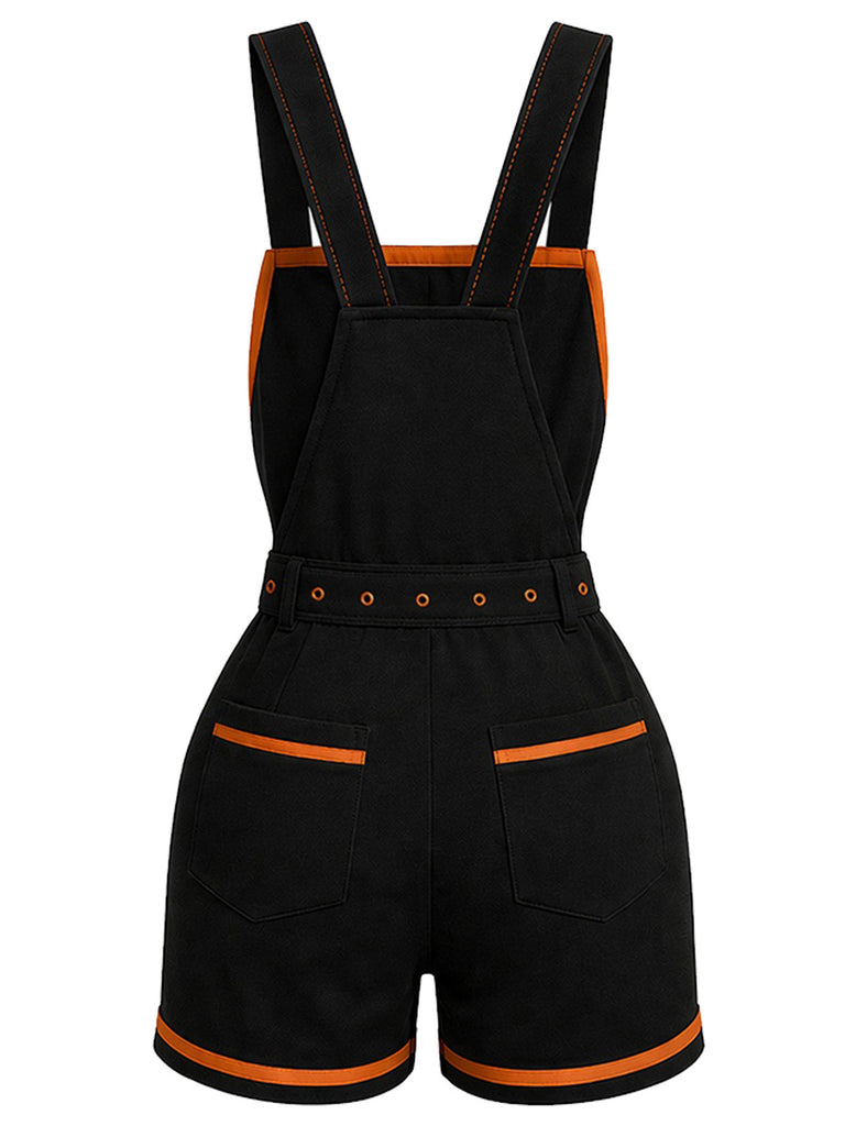 Schwarzer 60er Halloween Romper mit Kürbis und Taschen