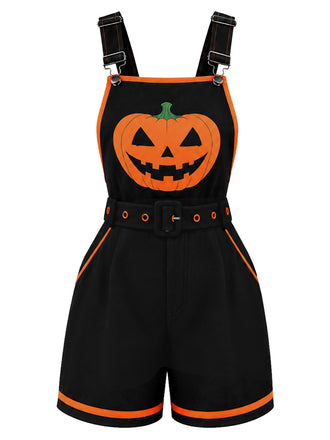 [Vorverkauf] Schwarzer 60er Halloween-Latzromper mit Kürbis und Taschen