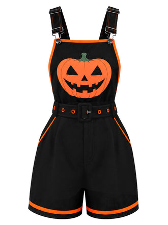 Schwarzer 60er Halloween-Latzromper mit Kürbis und Taschen