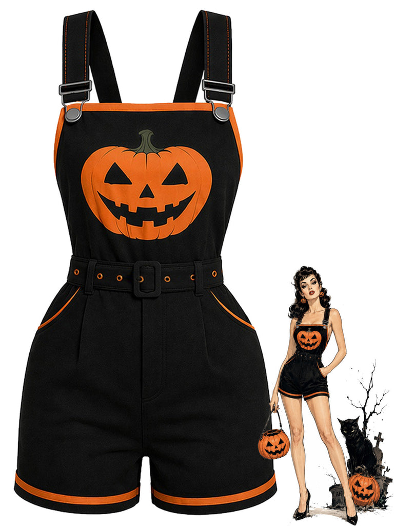 Schwarzer 60er Halloween Romper mit Kürbis und Taschen