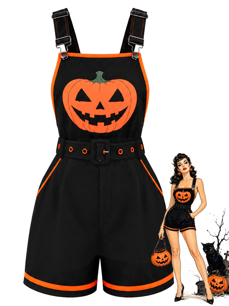 Schwarzer 60er Halloween-Latzromper mit Kürbis und Taschen