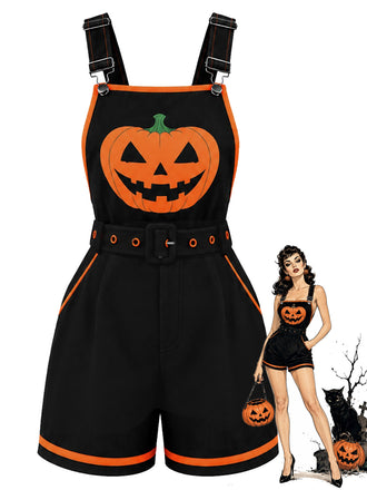 [Vorverkauf] Schwarzer 60er Halloween-Latzromper mit Kürbis und Taschen