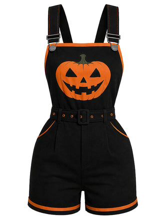 Schwarzer 60er Halloween Romper mit Kürbis und Taschen