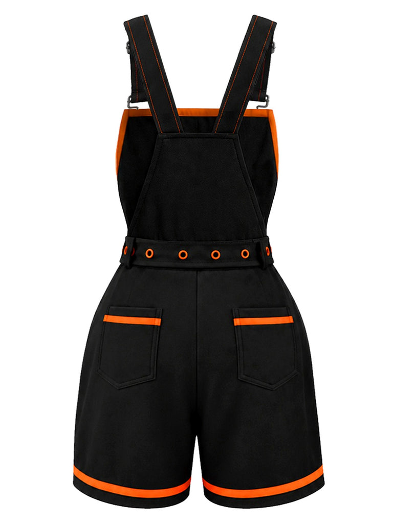 Schwarzer 60er Halloween-Latzromper mit Kürbis und Taschen