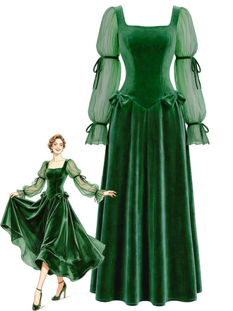 Grünes 30er Samtkleid mit Chiffonärmeln und Schleifen
