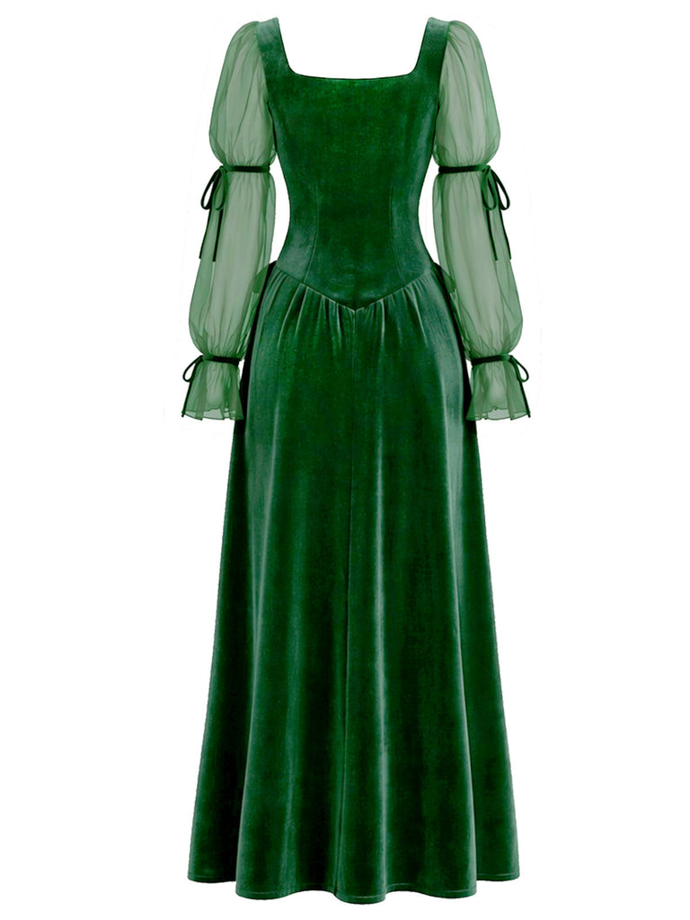 Grünes 30er Samtkleid mit Chiffonärmeln und Schleifen