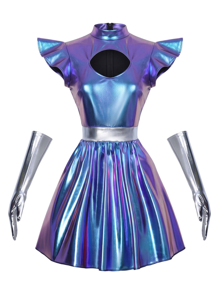 Lila 80er Minikleid mit Cut-out und Metallic