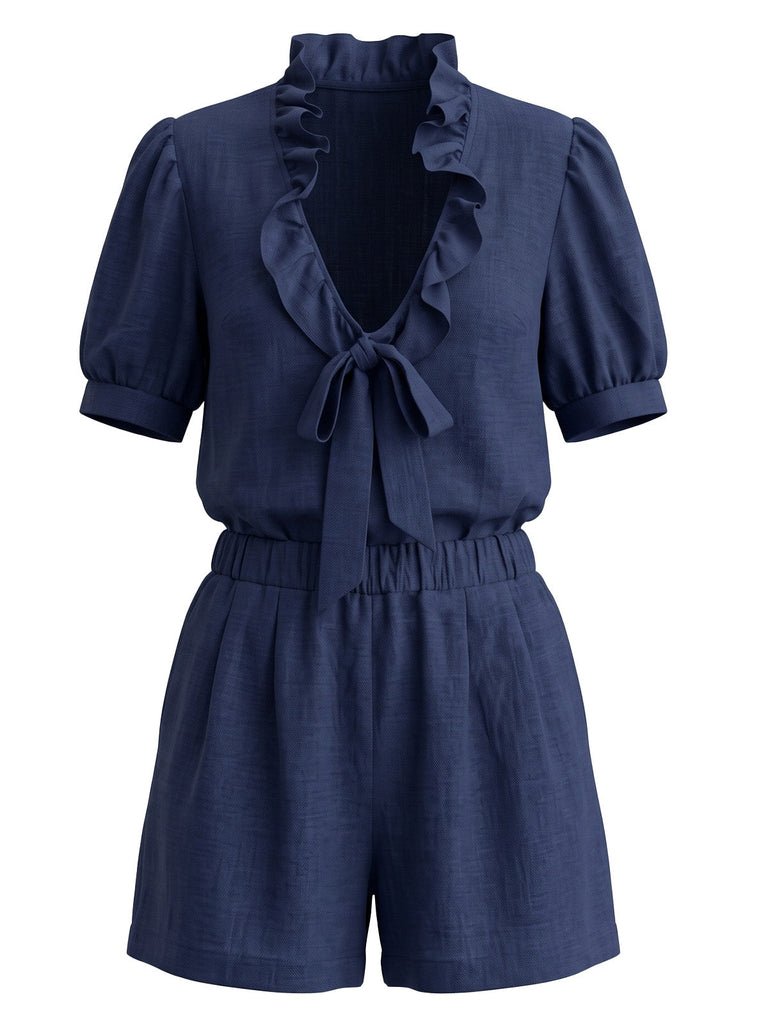50er Set aus Puffärmel-Rüschenbluse mit Schleife und Shorts