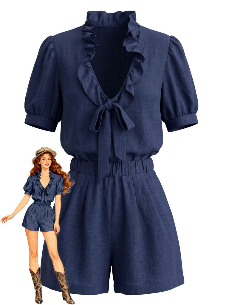 50er Set aus Puffärmel-Rüschenbluse mit Schleife und Shorts