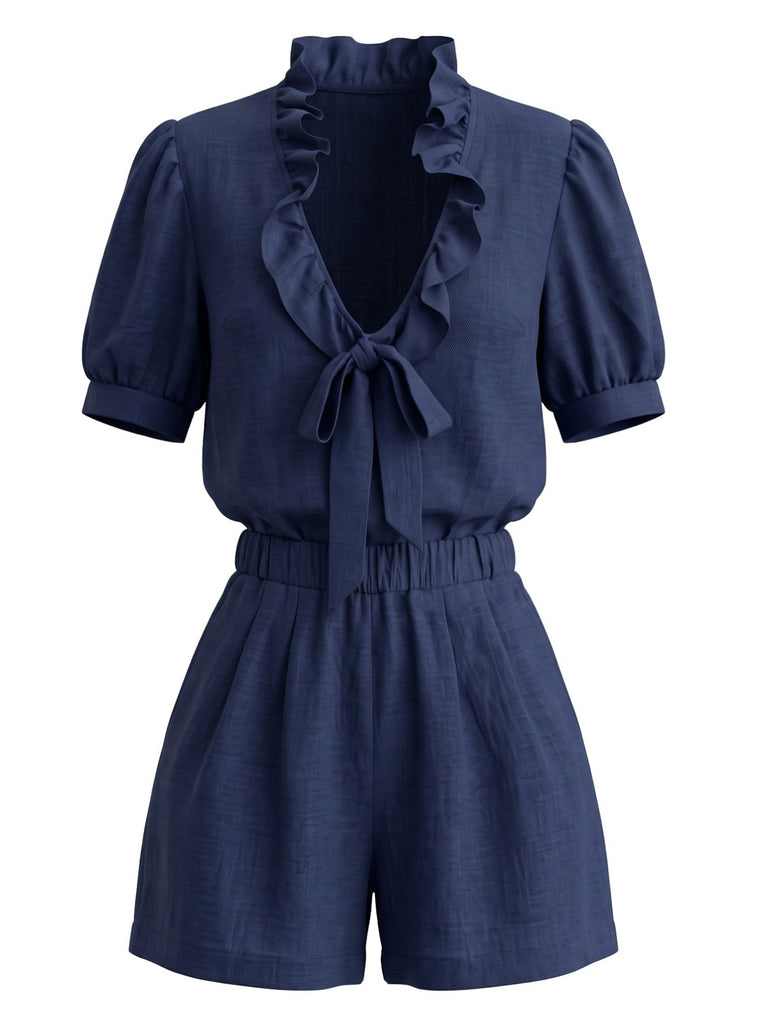 50er Set aus Puffärmel-Rüschenbluse mit Schleife und Shorts