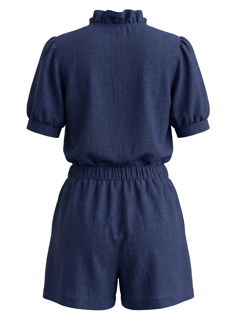 50er Set aus Puffärmel-Rüschenbluse mit Schleife und Shorts