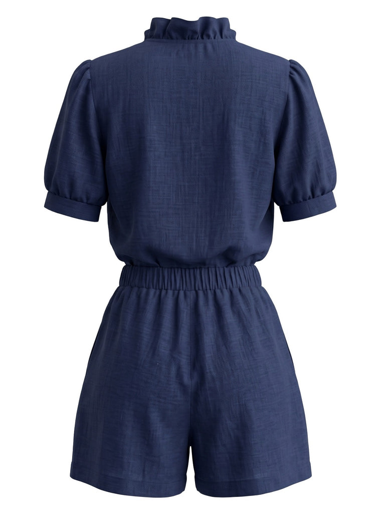 50er Set aus Puffärmel-Rüschenbluse mit Schleife und Shorts