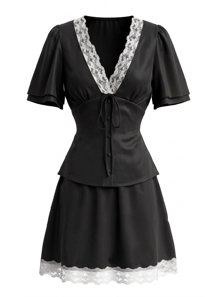 70er Satin Top & Rock Set mit Spitze