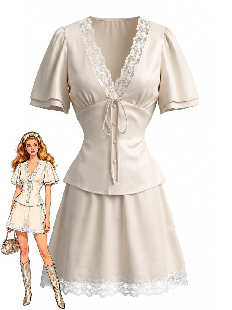 70er Satin Top & Rock Set mit Spitze