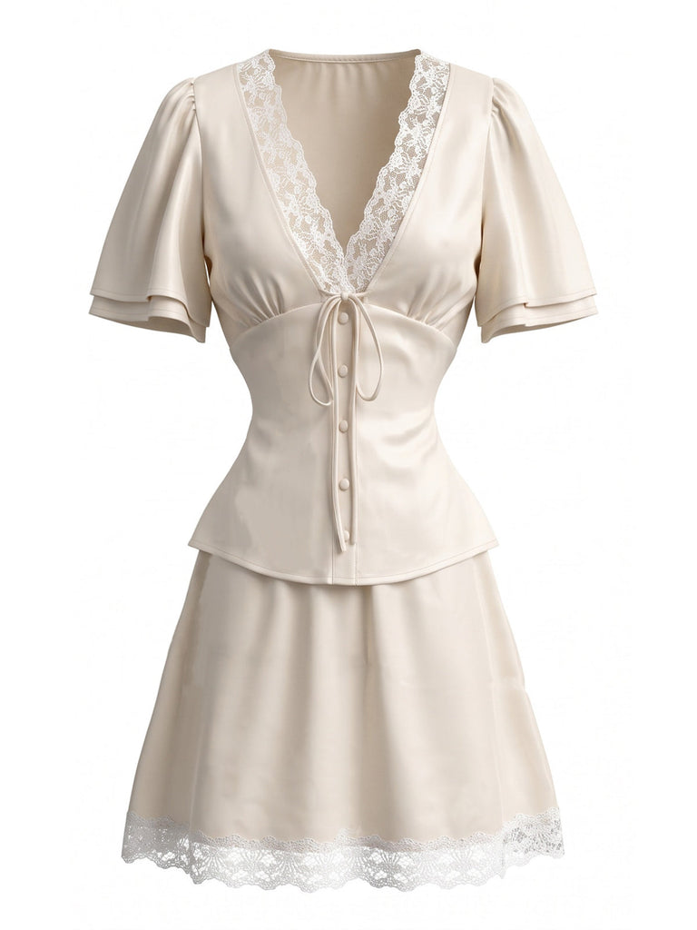 70er Satin Top & Rock Set mit Spitze