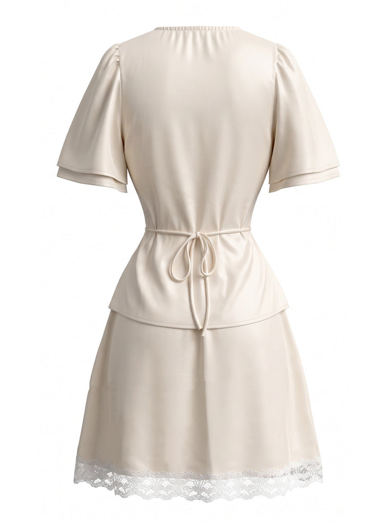70er Satin Top & Rock Set mit Spitze