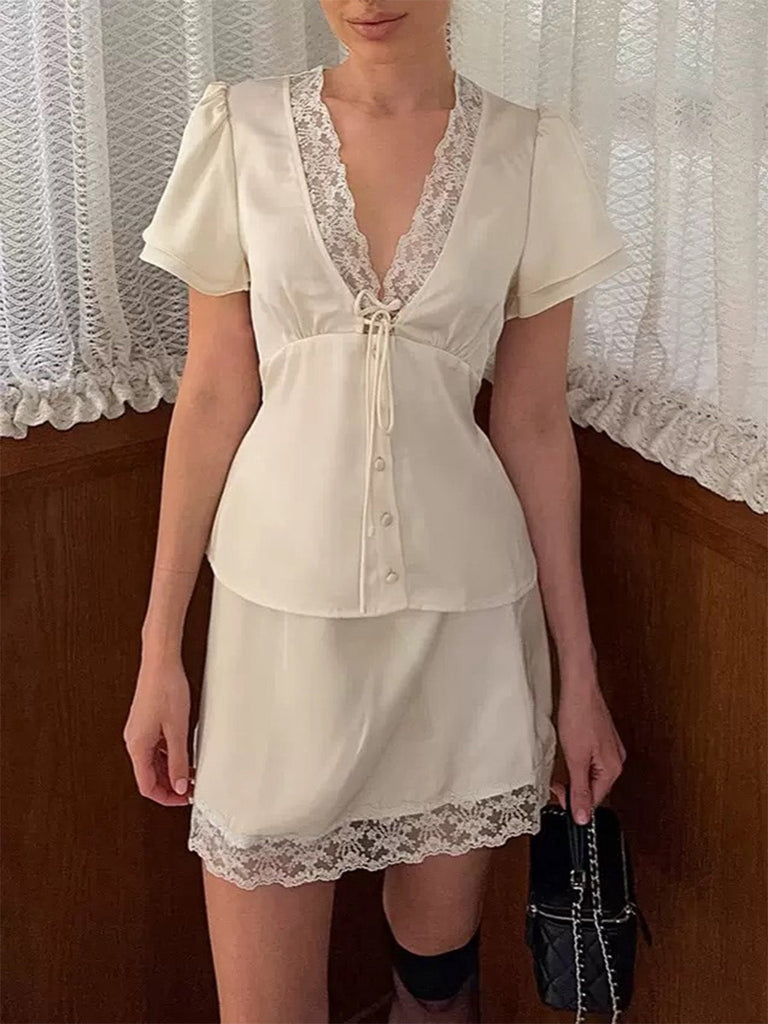 70er Satin Top & Rock Set mit Spitze