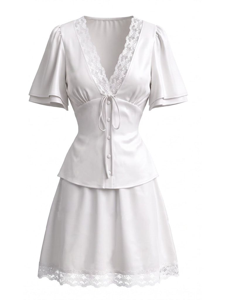 70er Satin Top & Rock Set mit Spitze