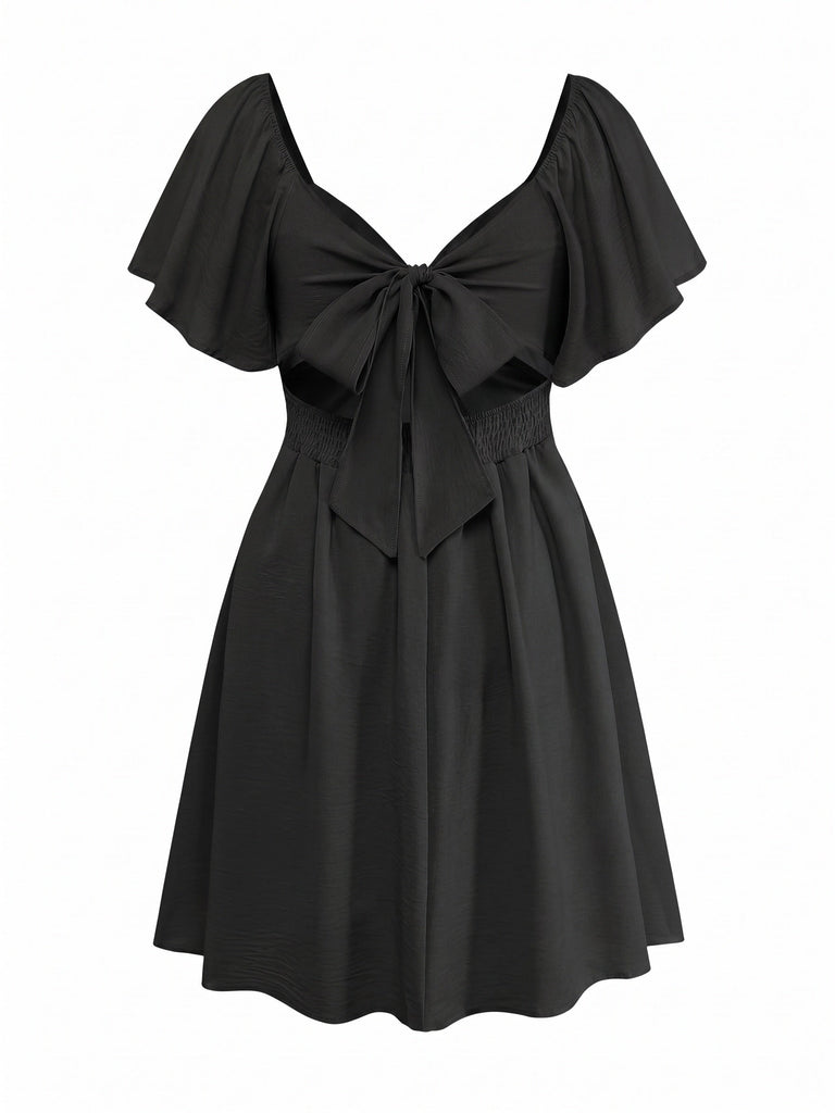 70er Kleid mit tiefem Ausschnitt, Volantärmeln und hoher Taille