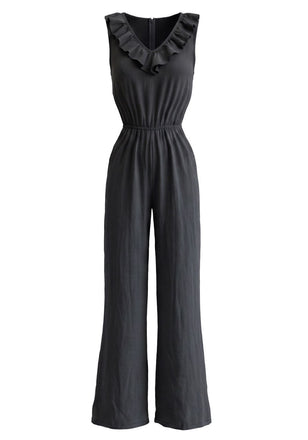 70er Ärmelloses Jumpsuit mit V-Ausschnitt und Rüschen