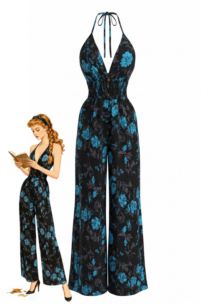 Schwarzer & Blauer 70er Jumpsuit mit Neckholder und Blumen