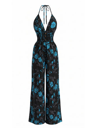 Schwarzer & Blauer 70er Jumpsuit mit Neckholder und Blumen