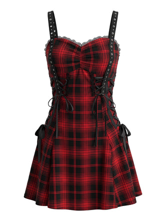 Rotes & Schwarzes 50er Halloween Kleid mit Karo und Schnürung