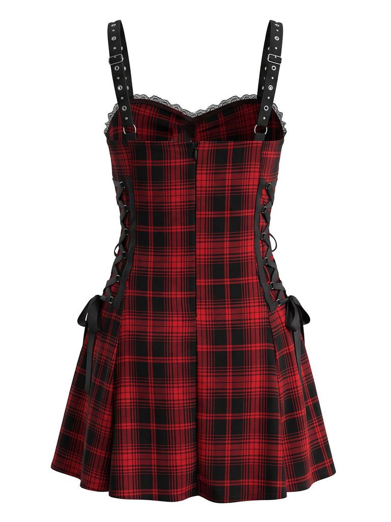 Schwarz-rotes 50er Halloween Kleid mit Fledermausärmeln und Karo
