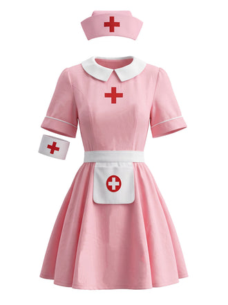 Rosa 70er Krankenschwester-Kostümset mit Peter-Pan-Kragen