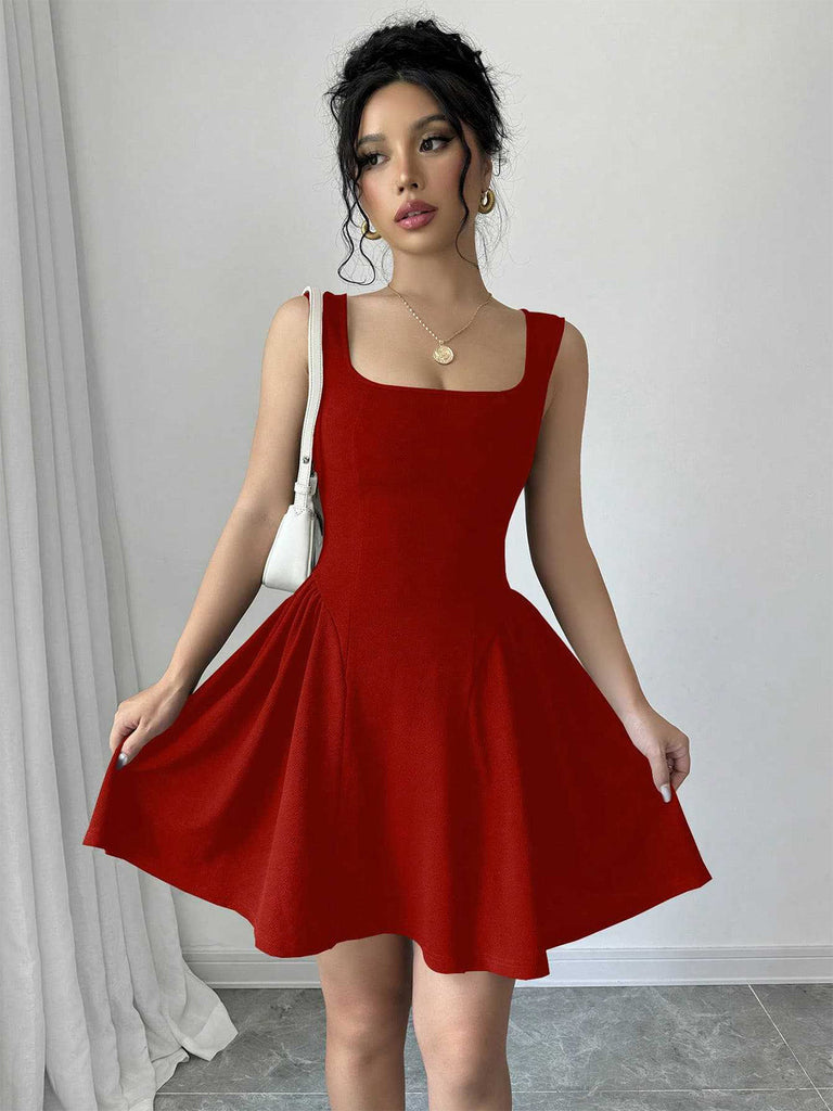 Rotes 50er A-Linien-Minikleid mit eckigem Ausschnitt