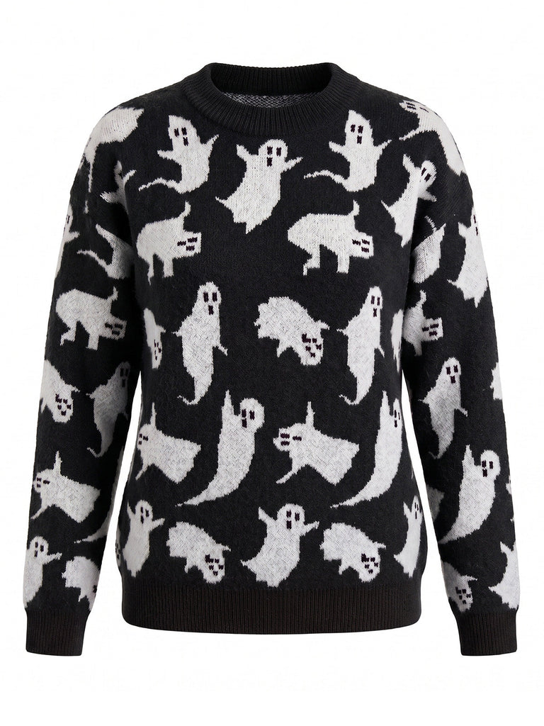Oranger 40er Halloween-Strickpullover mit Geister-Print
