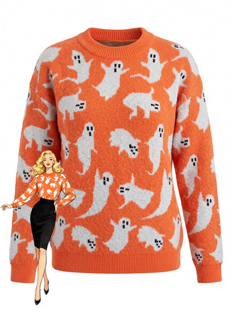 Oranger 40er Halloween-Strickpullover mit Geister-Print
