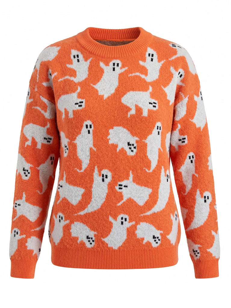 Oranger 40er Halloween-Strickpullover mit Geister-Print