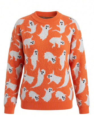 Oranger 40er Halloween-Strickpullover mit Geister-Print
