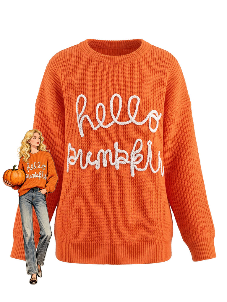 Orange 40er Strickpullover mit Buchstaben-Print und Rundhals
