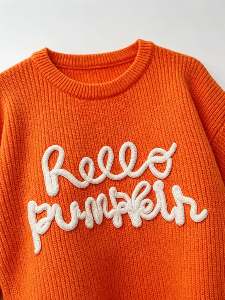 Orange 40er Strickpullover mit Buchstaben-Print und Rundhals