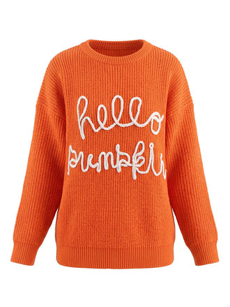 Orange 40er Strickpullover mit Buchstaben-Print und Rundhals